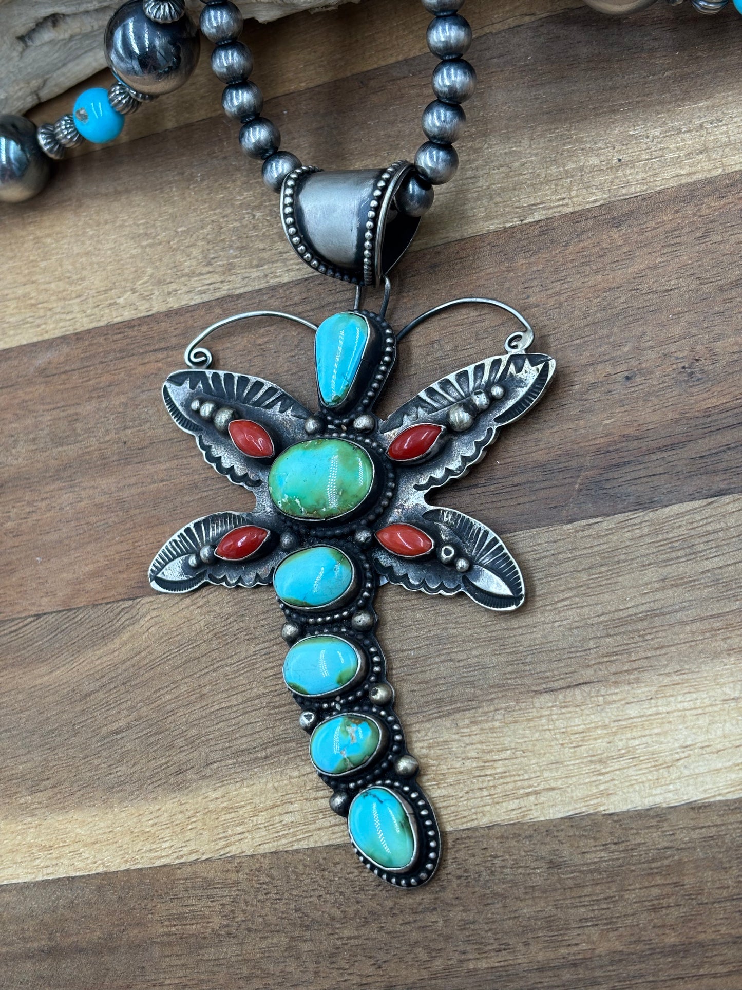 Sonoran Gold & Coral Dragonfly Necklace by Shawn Cayatinno, Navajo