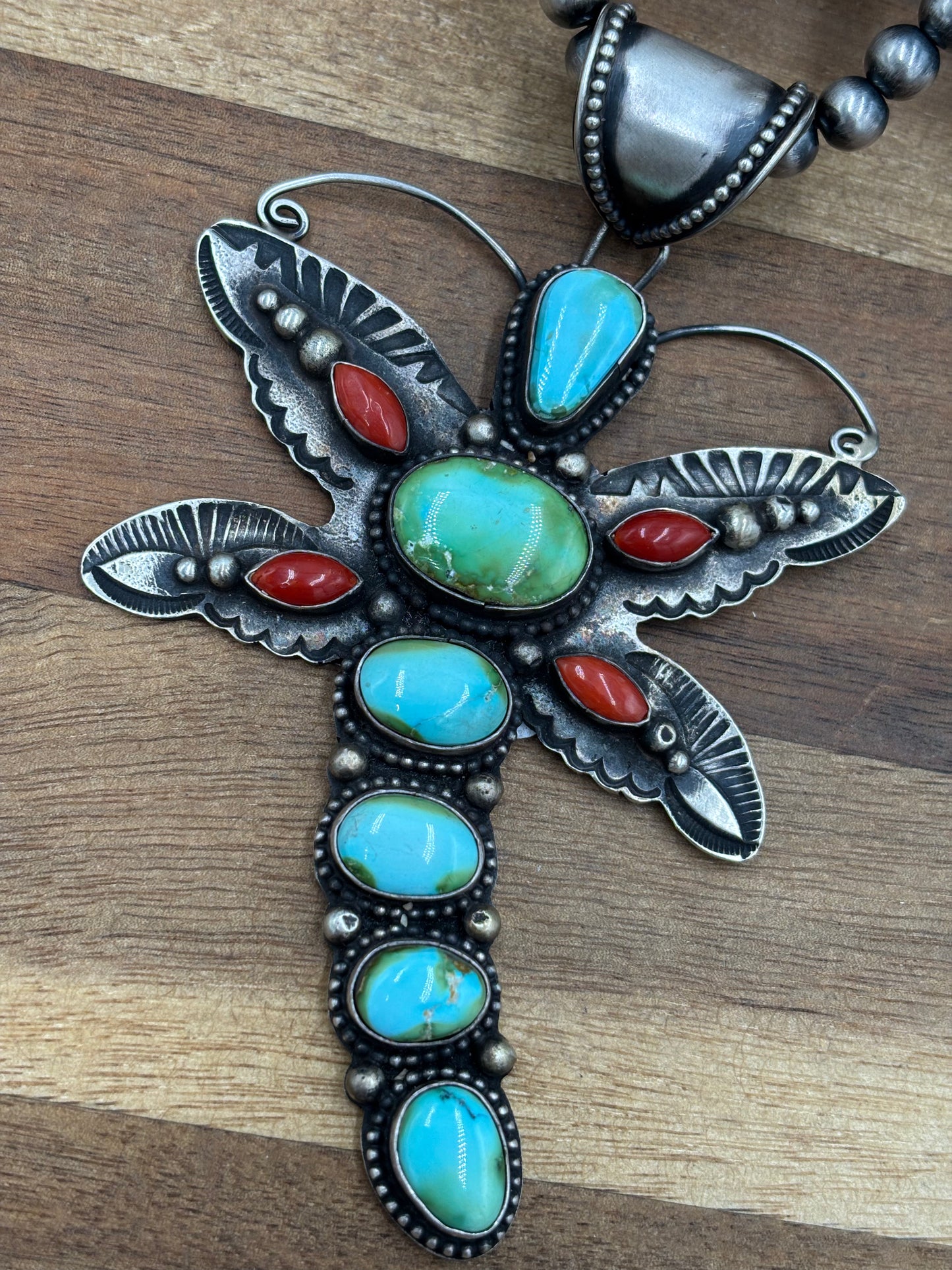 Sonoran Gold & Coral Dragonfly Necklace by Shawn Cayatinno, Navajo