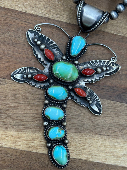 Sonoran Gold & Coral Dragonfly Necklace by Shawn Cayatinno, Navajo