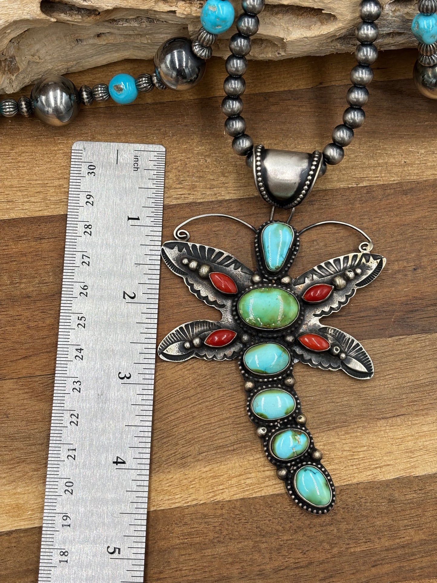Sonoran Gold & Coral Dragonfly Necklace by Shawn Cayatinno, Navajo