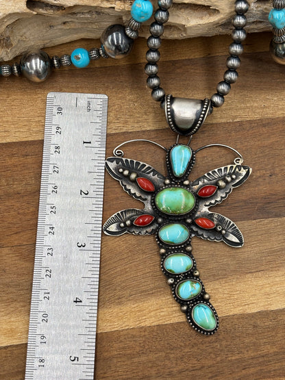 Sonoran Gold & Coral Dragonfly Necklace by Shawn Cayatinno, Navajo