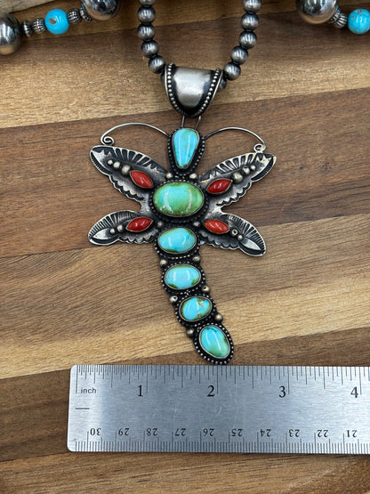 Sonoran Gold & Coral Dragonfly Necklace by Shawn Cayatinno, Navajo