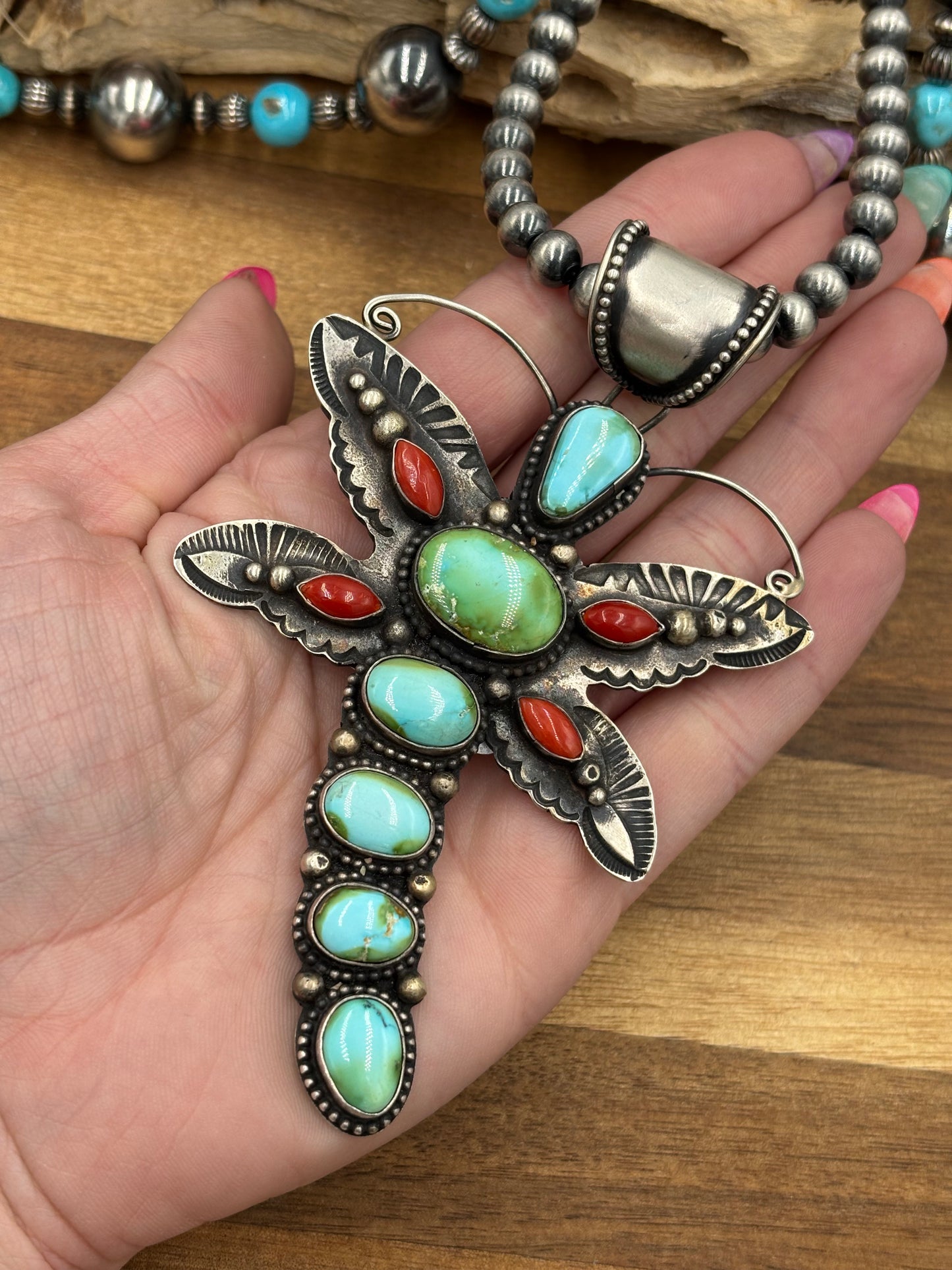 Sonoran Gold & Coral Dragonfly Necklace by Shawn Cayatinno, Navajo