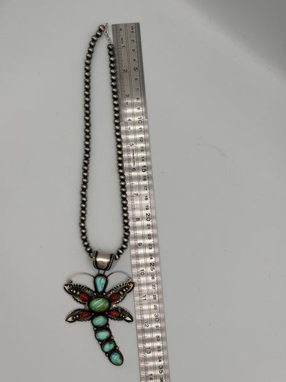 Sonoran Gold & Coral Dragonfly Necklace by Shawn Cayatinno, Navajo