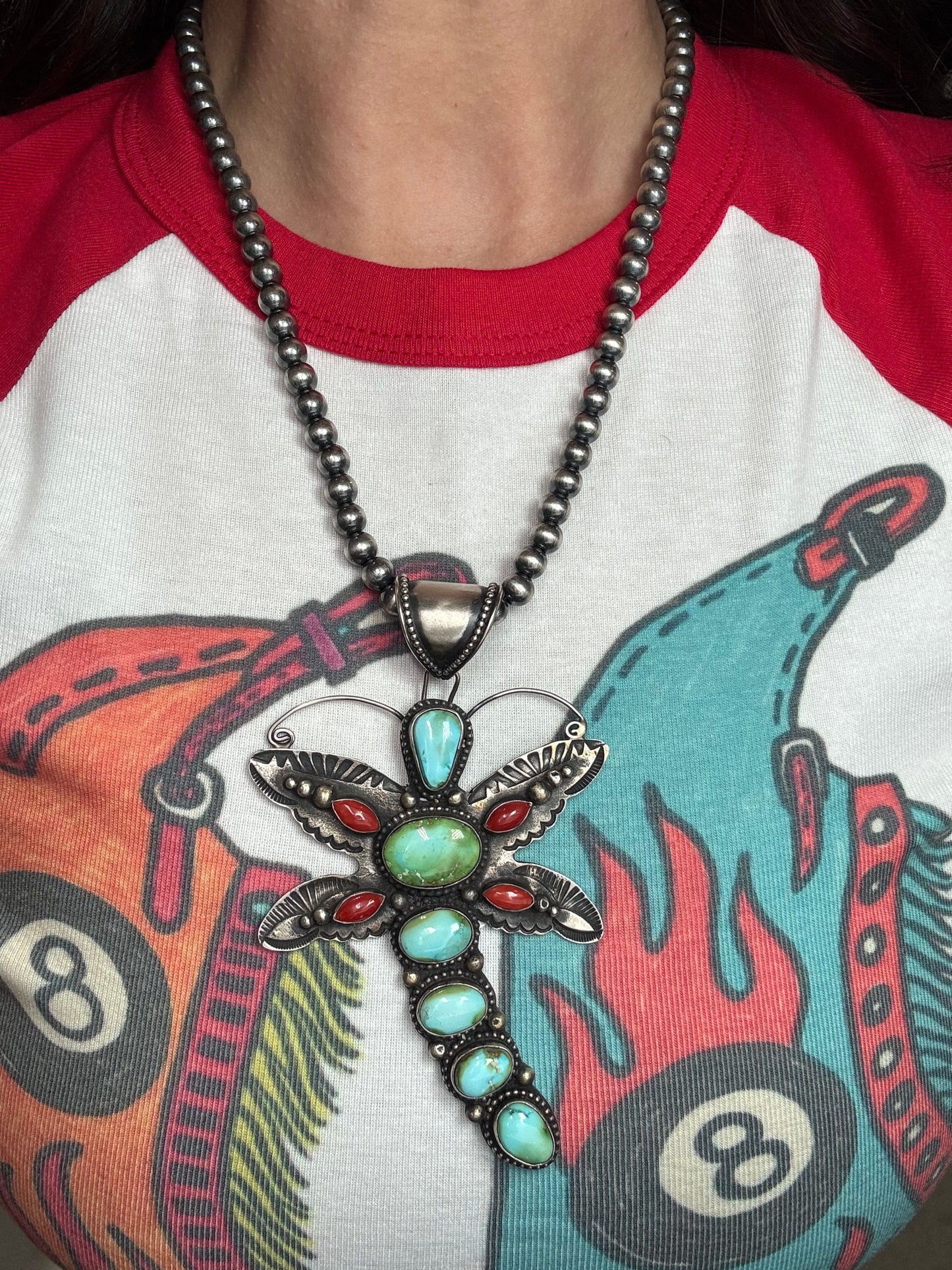 Sonoran Gold & Coral Dragonfly Necklace by Shawn Cayatinno, Navajo