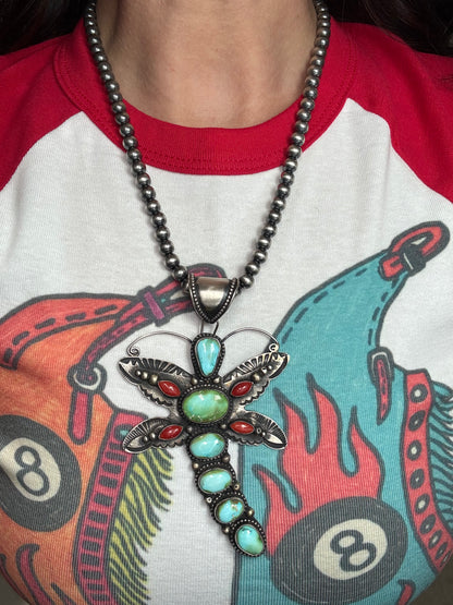 Sonoran Gold & Coral Dragonfly Necklace by Shawn Cayatinno, Navajo