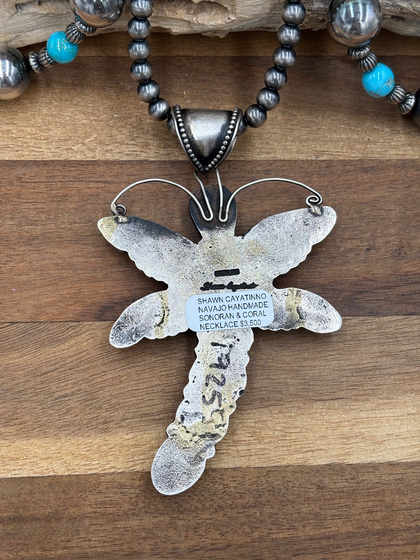 Sonoran Gold & Coral Dragonfly Necklace by Shawn Cayatinno, Navajo