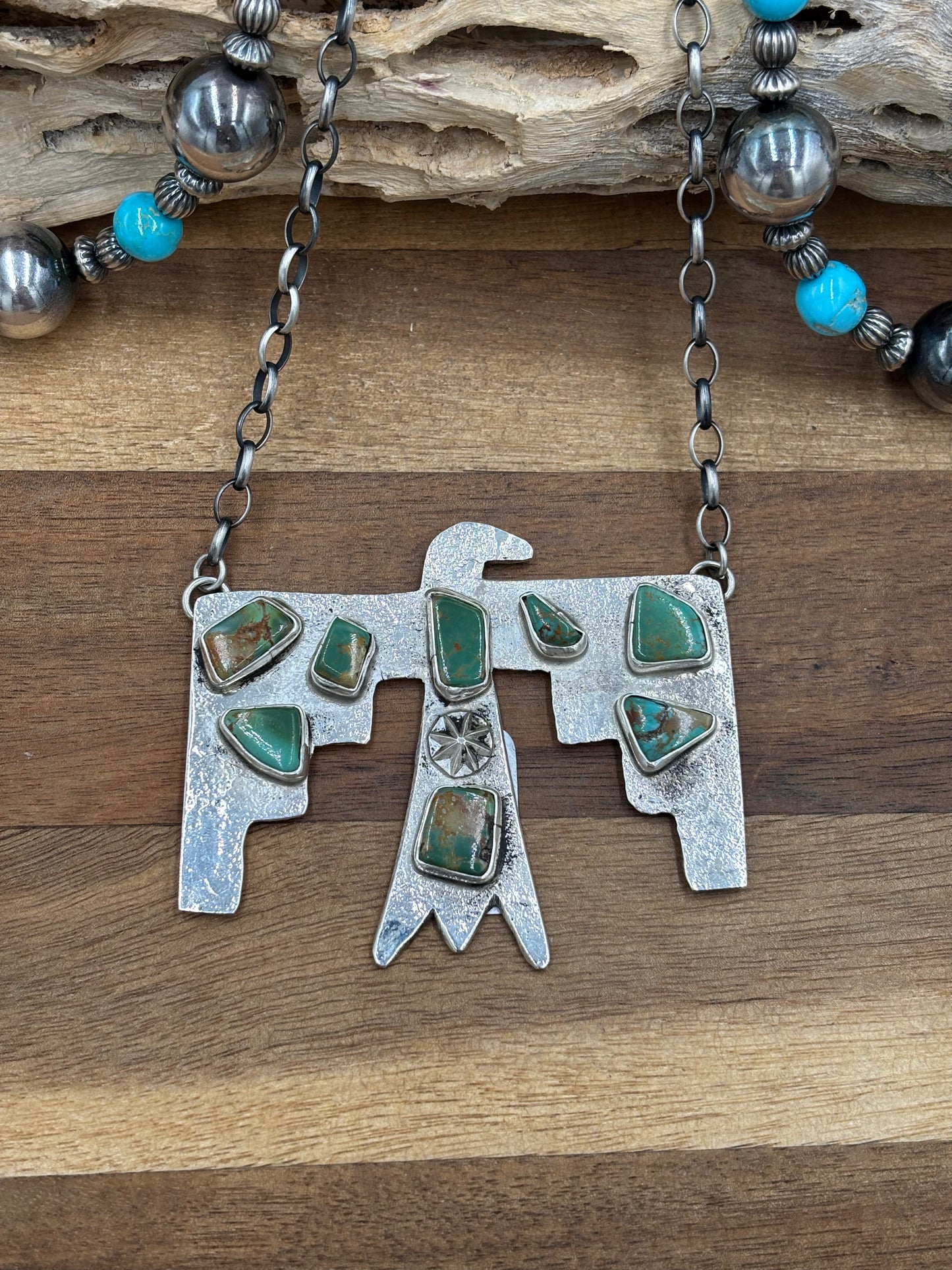 Kingman Turquoise Zuni Thunderbird Necklace by Jude Candeleria, Zuni