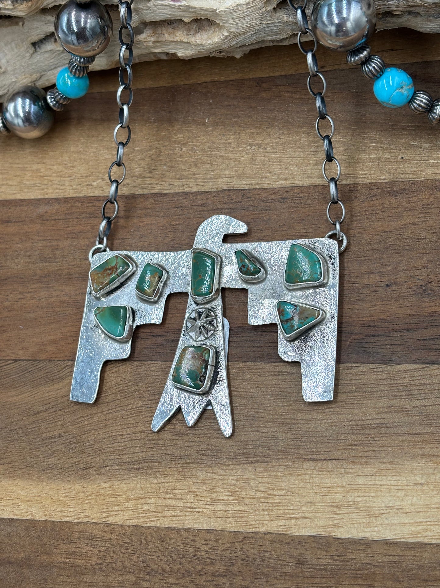 Kingman Turquoise Zuni Thunderbird Necklace by Jude Candeleria, Zuni