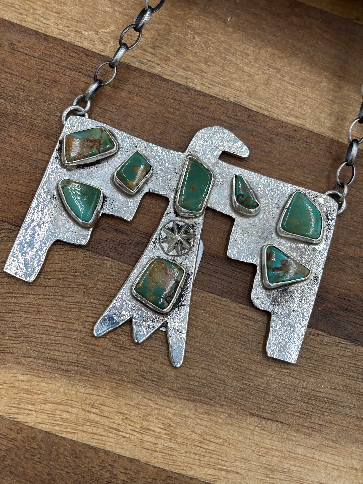 Kingman Turquoise Zuni Thunderbird Necklace by Jude Candeleria, Zuni