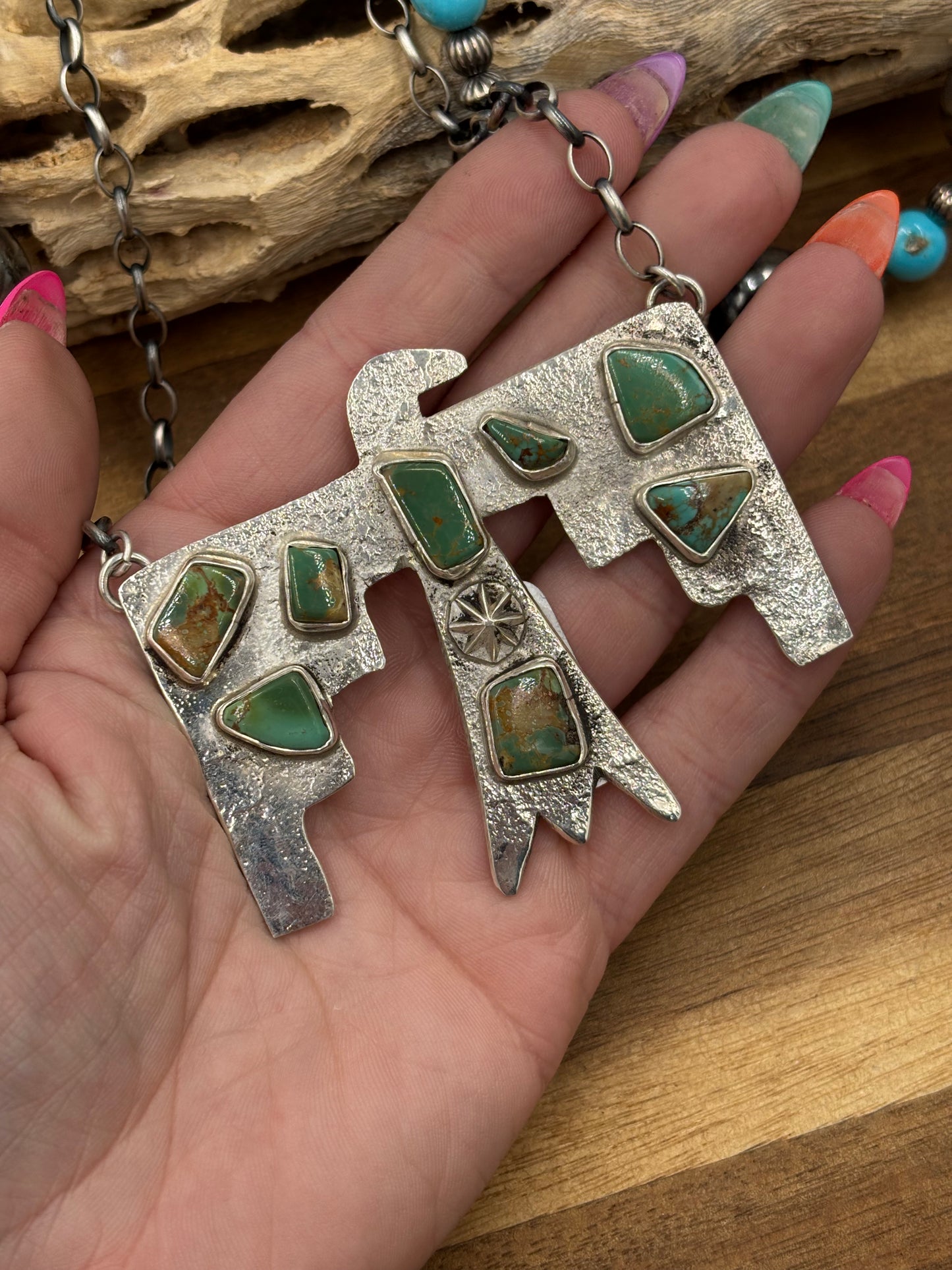 Kingman Turquoise Zuni Thunderbird Necklace by Jude Candeleria, Zuni