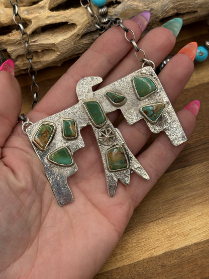 Kingman Turquoise Zuni Thunderbird Necklace by Jude Candeleria, Zuni