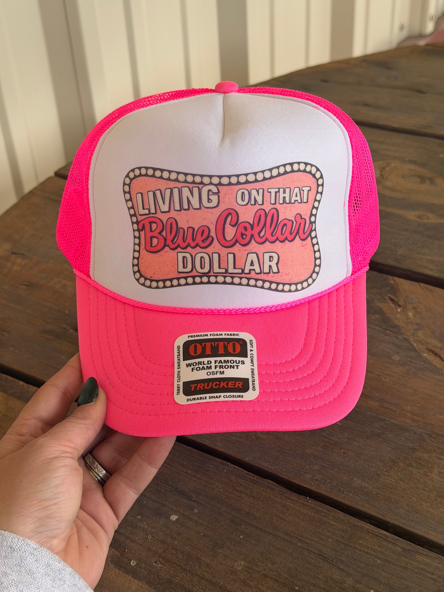 Blue Collar Dollar Trucker Hat Neon Pink & White
