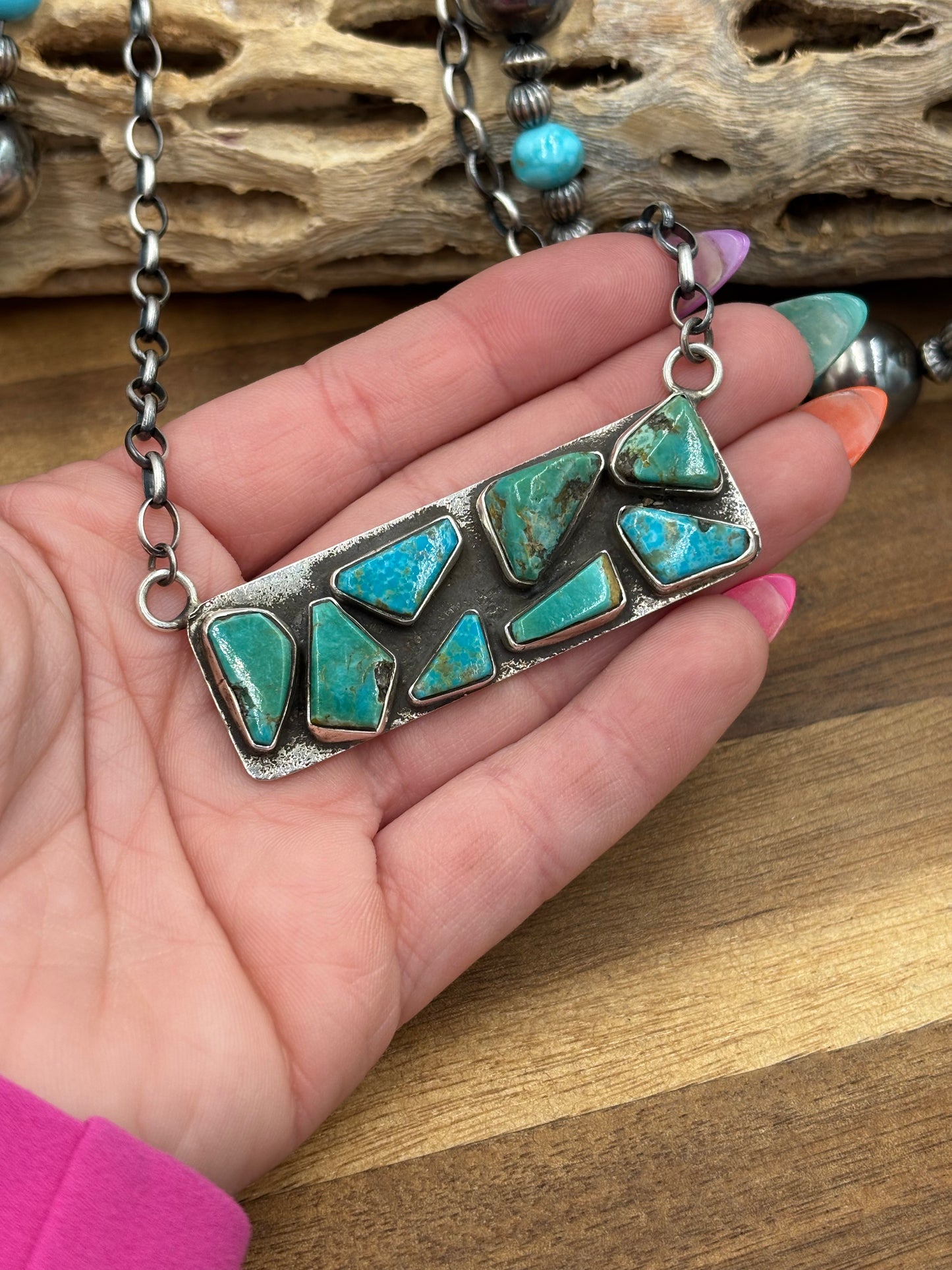 Kingman Turquoise Zuni Bar #2 Necklace by Jude Candeleria, Zuni