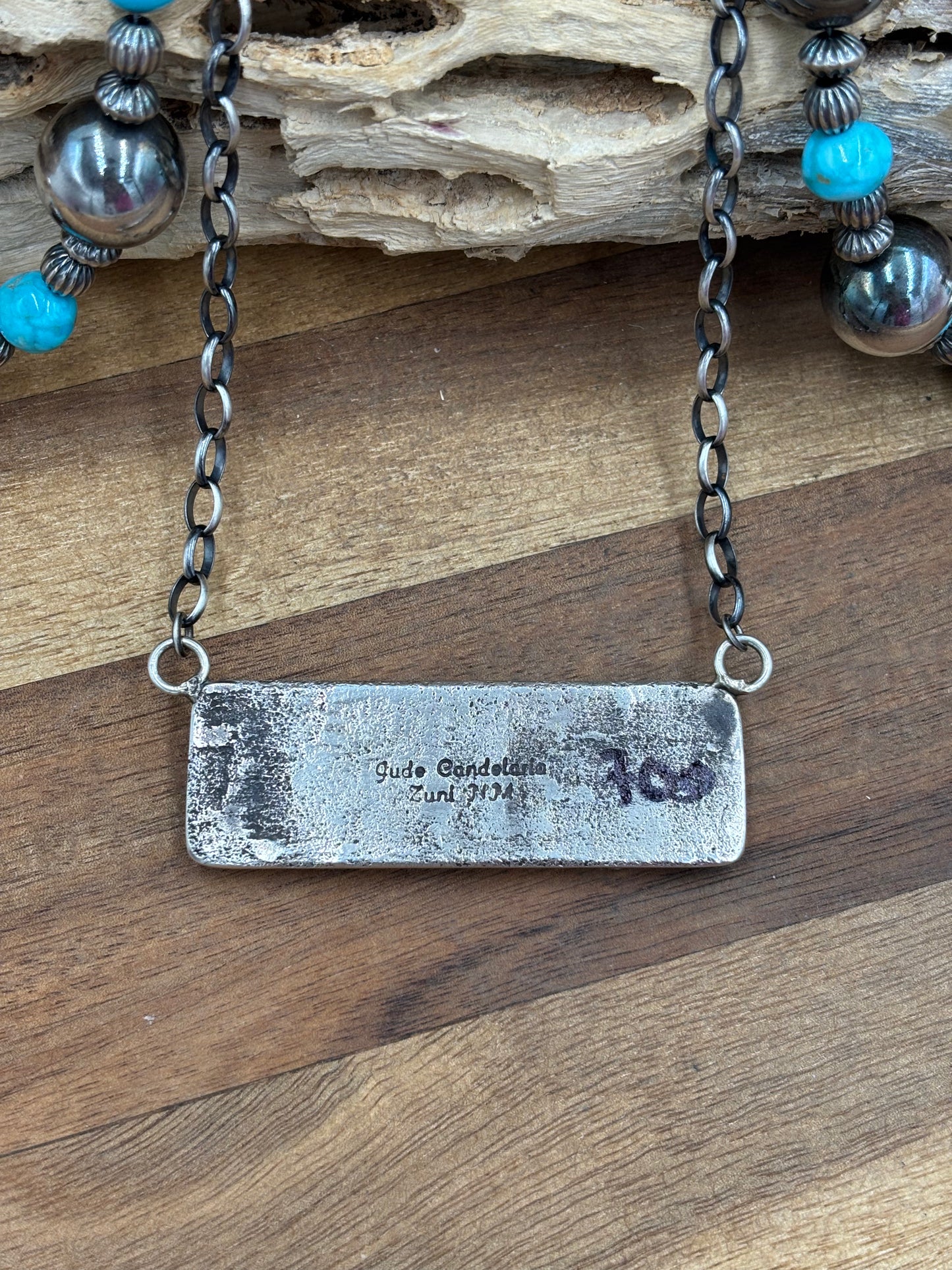 Kingman Turquoise Zuni Bar #2 Necklace by Jude Candeleria, Zuni