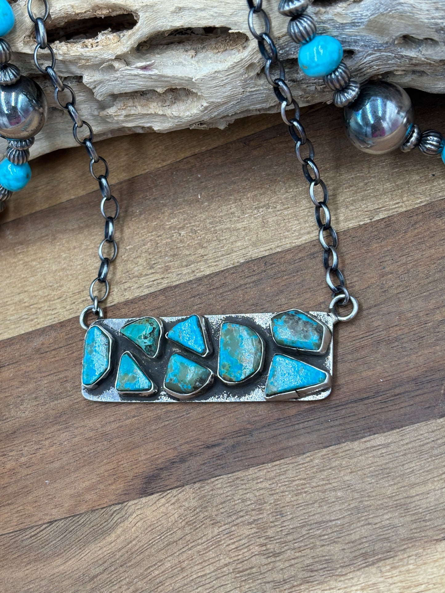 Kingman Turquoise Zuni Bar #1 Necklace by Jude Candeleria, Zuni