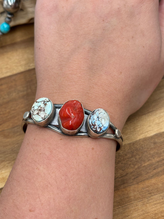 Coral & Golden Hills Turquoise Cuff by J Nelson, Navajo