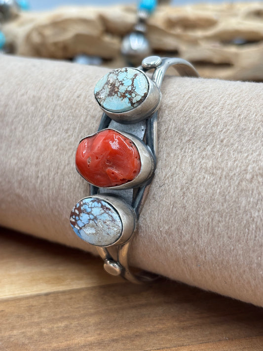 Coral & Golden Hills Turquoise Cuff by J Nelson, Navajo
