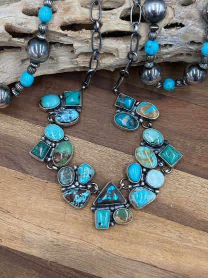 Mixed Mine Turquoise Cluster Necklace & Earrings Set by Sheila, Navajo