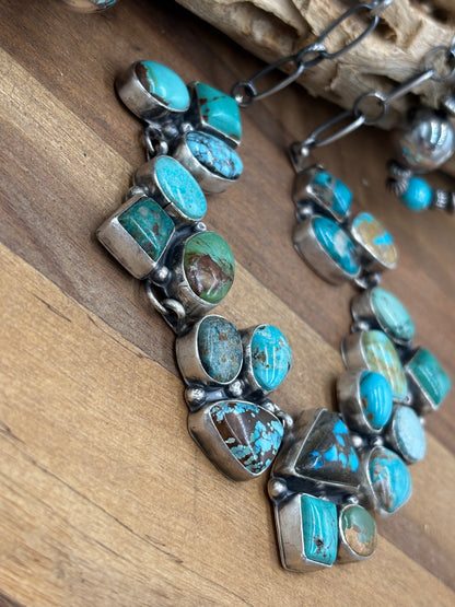 Mixed Mine Turquoise Cluster Necklace & Earrings Set by Sheila, Navajo