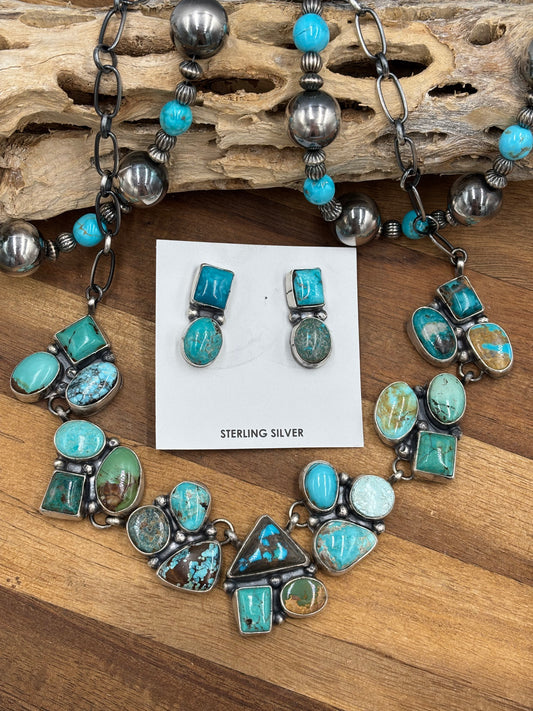 Mixed Mine Turquoise Cluster Necklace & Earrings Set by Sheila, Navajo