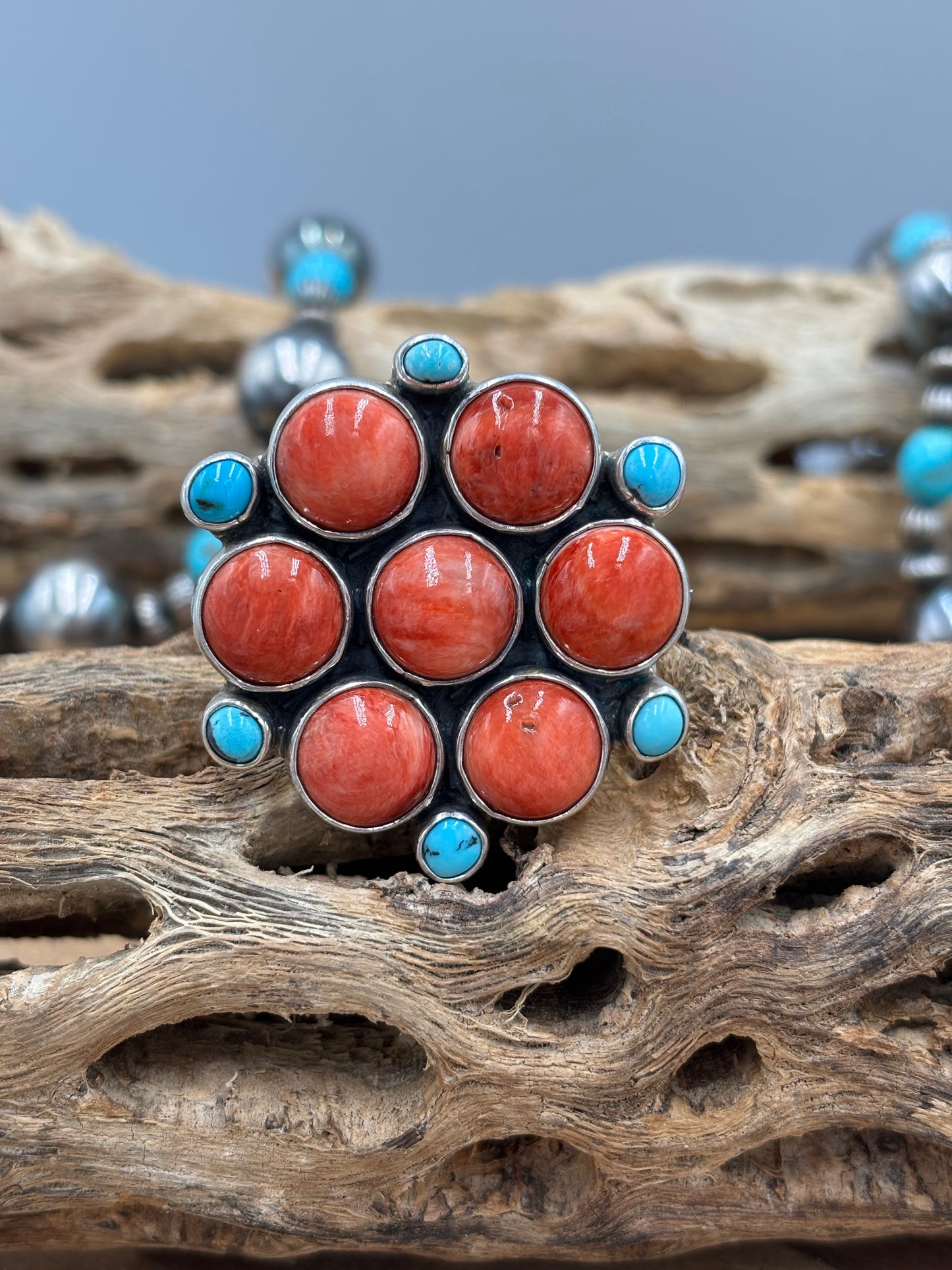 Red Spiny & Turquoise Adjustable Ring #1 by Federico Jimenez