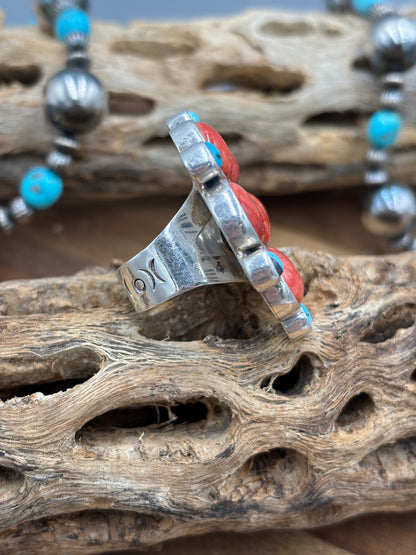 Red Spiny & Turquoise Adjustable Ring #1 by Federico Jimenez