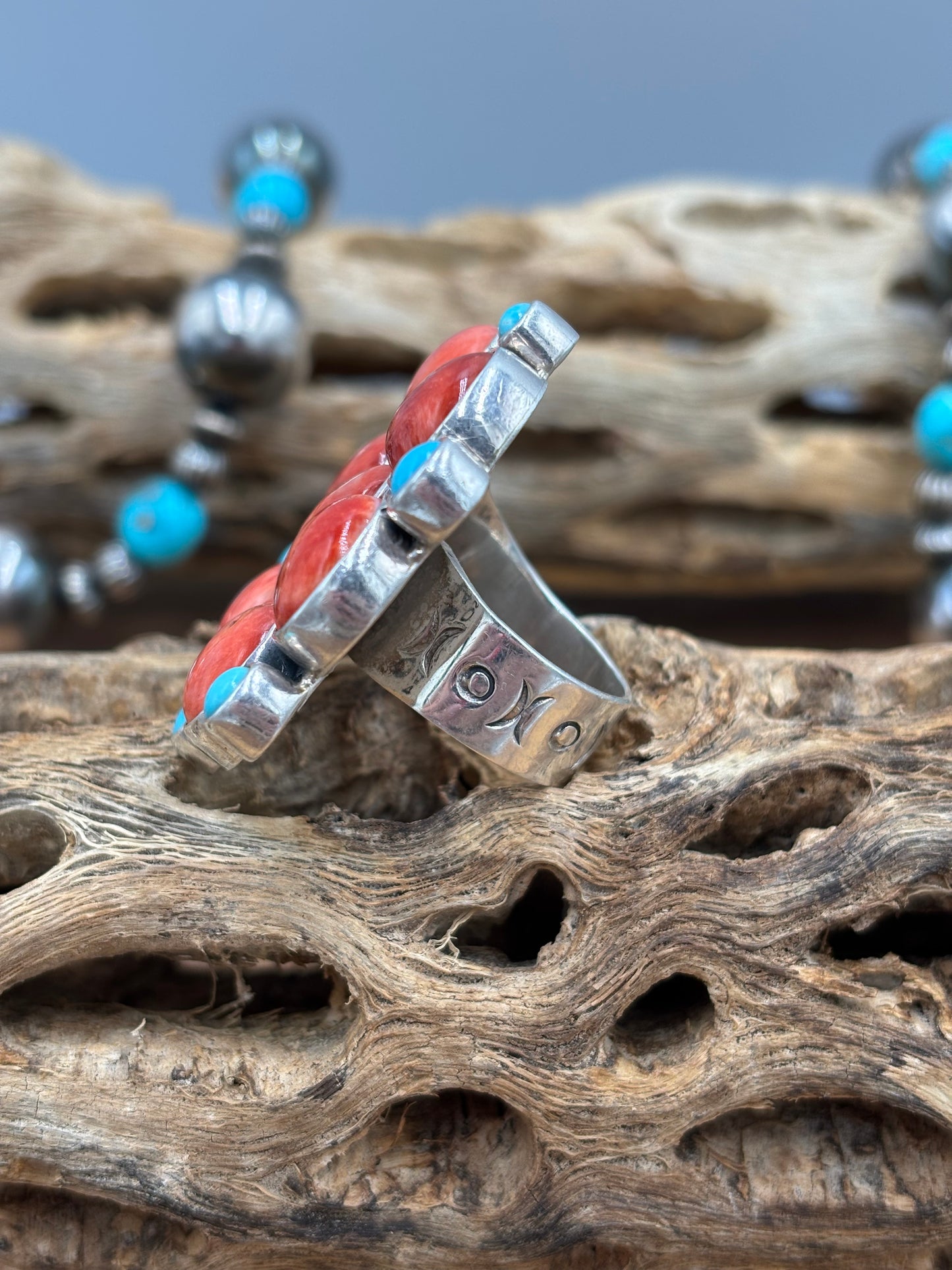 Red Spiny & Turquoise Adjustable Ring #1 by Federico Jimenez
