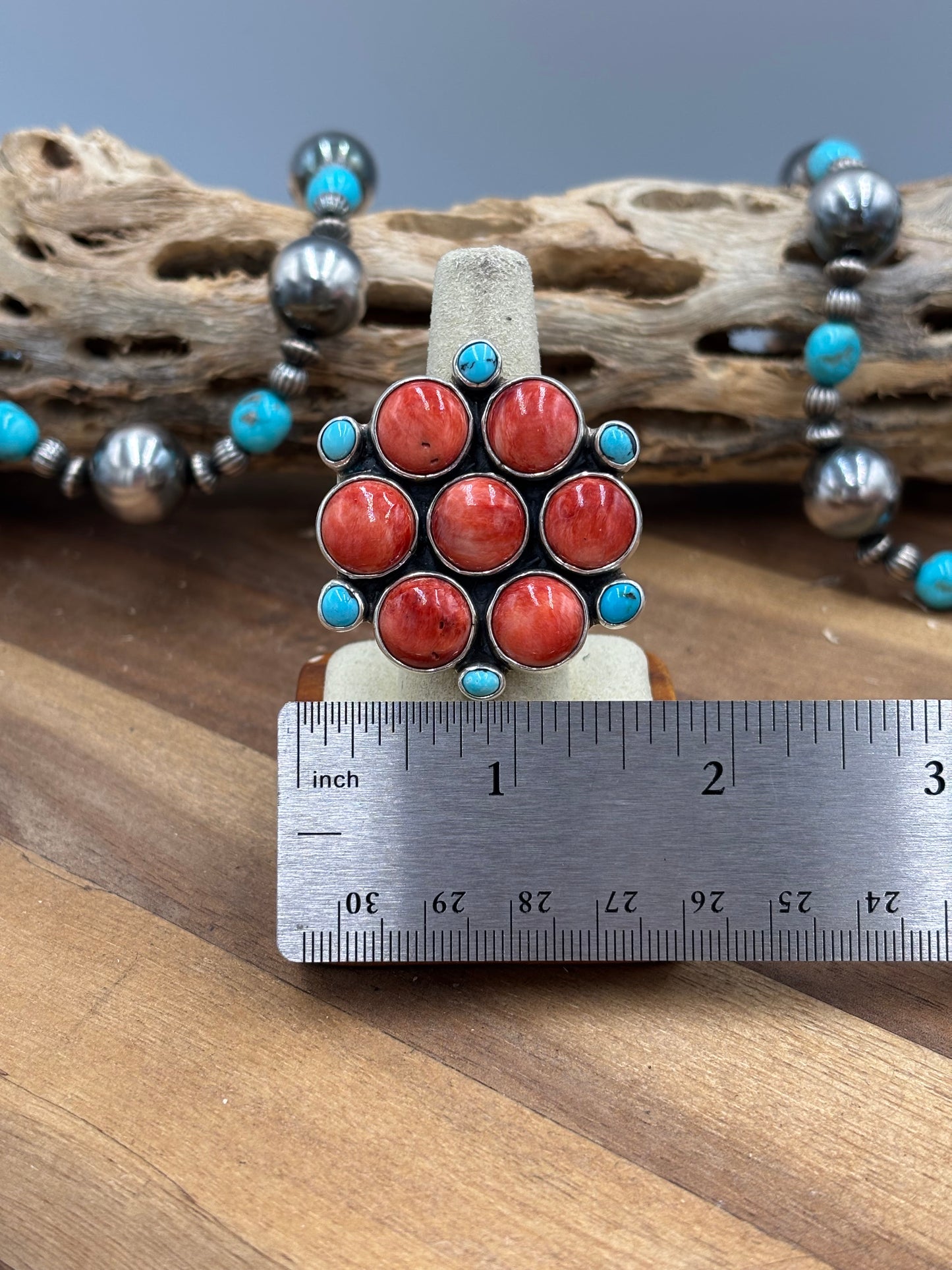 Red Spiny & Turquoise Adjustable Ring #1 by Federico Jimenez
