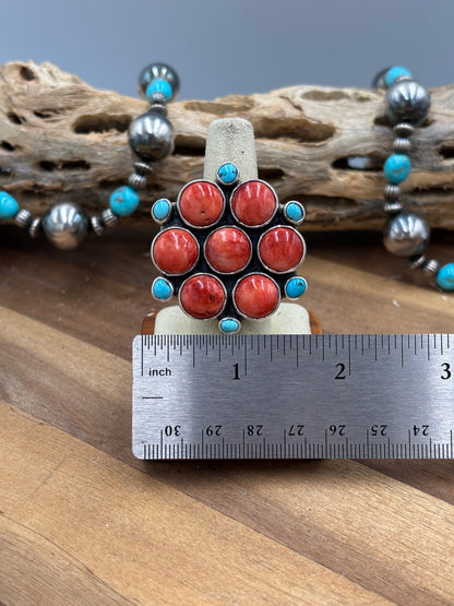 Red Spiny & Turquoise Adjustable Ring #1 by Federico Jimenez