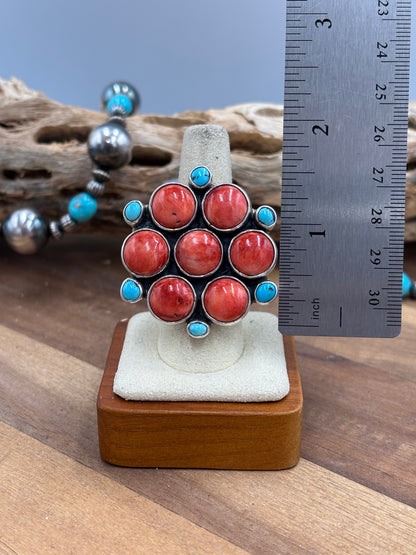 Red Spiny & Turquoise Adjustable Ring #1 by Federico Jimenez