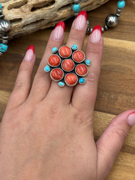 Red Spiny & Turquoise Adjustable Ring #1 by Federico Jimenez