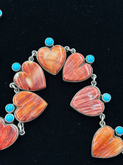 Red & Orange Spiny & Turquoise Heart Necklace by Federico Jimenez