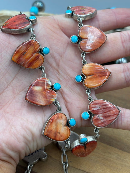 Red & Orange Spiny & Turquoise Heart Necklace by Federico Jimenez