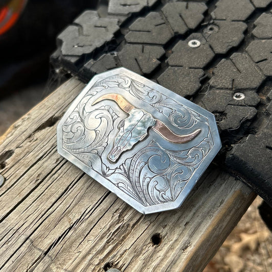 Lujan Silver- Engraved Longhorn Belt Buckle