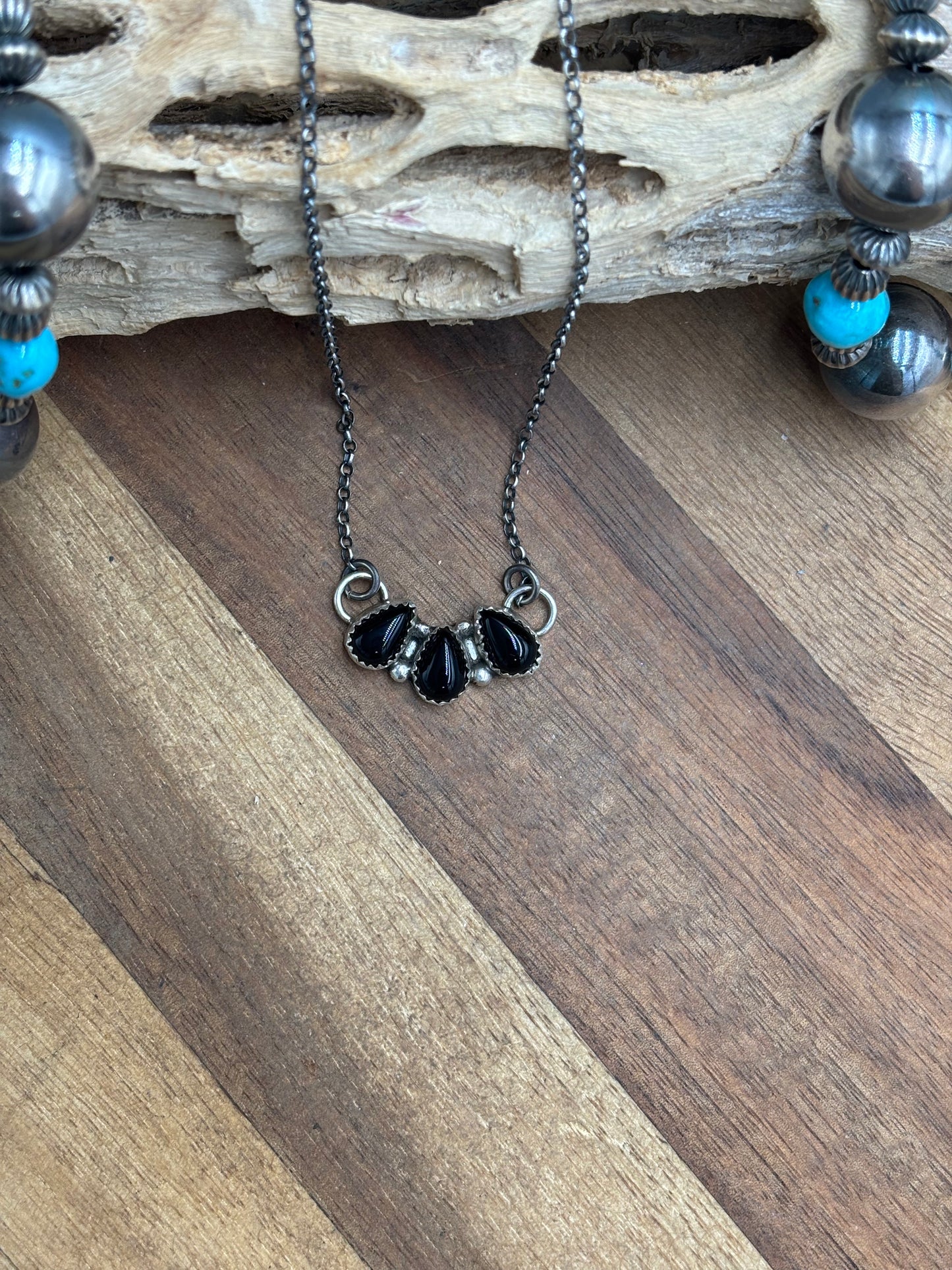 Black Onyx 3 Stone Necklace