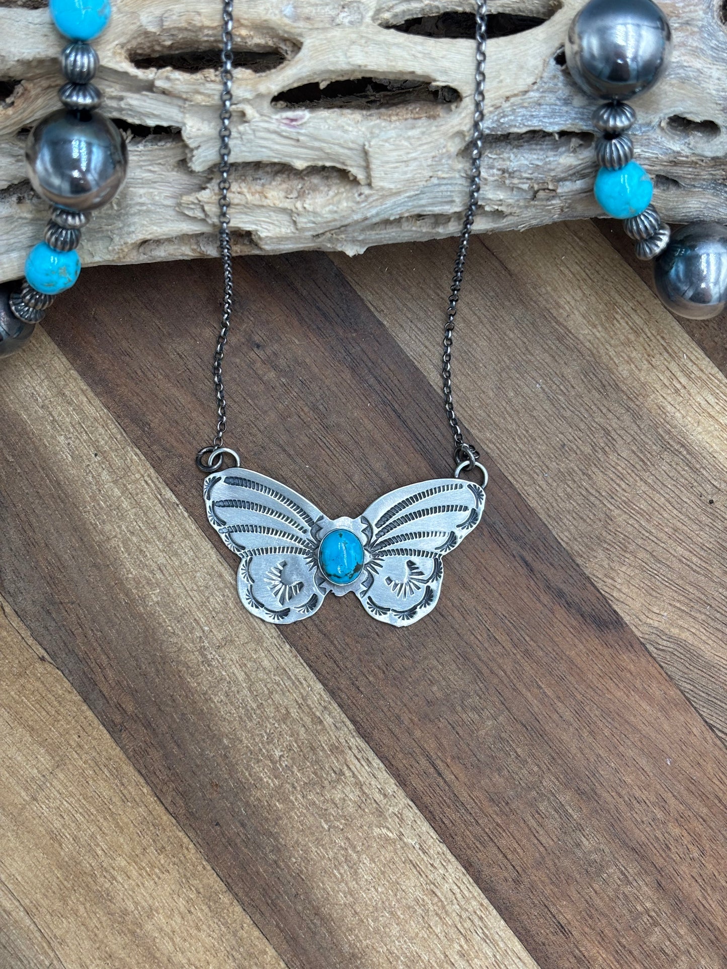 Kingman Turquoise Butterfly Necklace by Rick Enriquez, Navajo