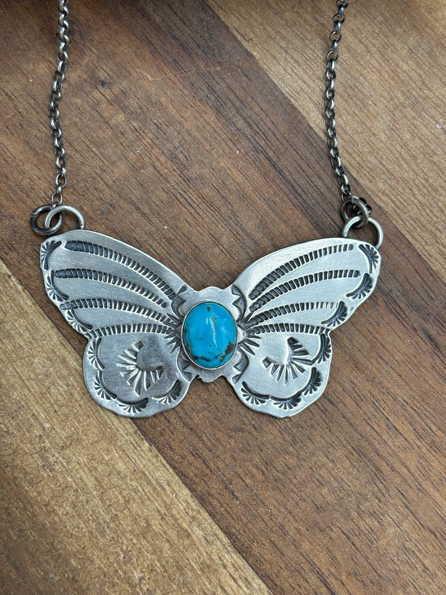 Kingman Turquoise Butterfly Necklace by Rick Enriquez, Navajo