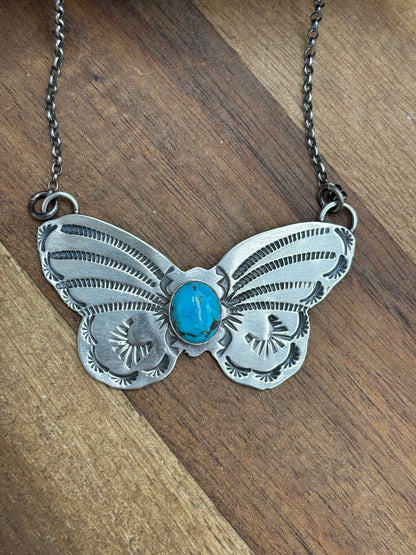 Kingman Turquoise Butterfly Necklace by Rick Enriquez, Navajo