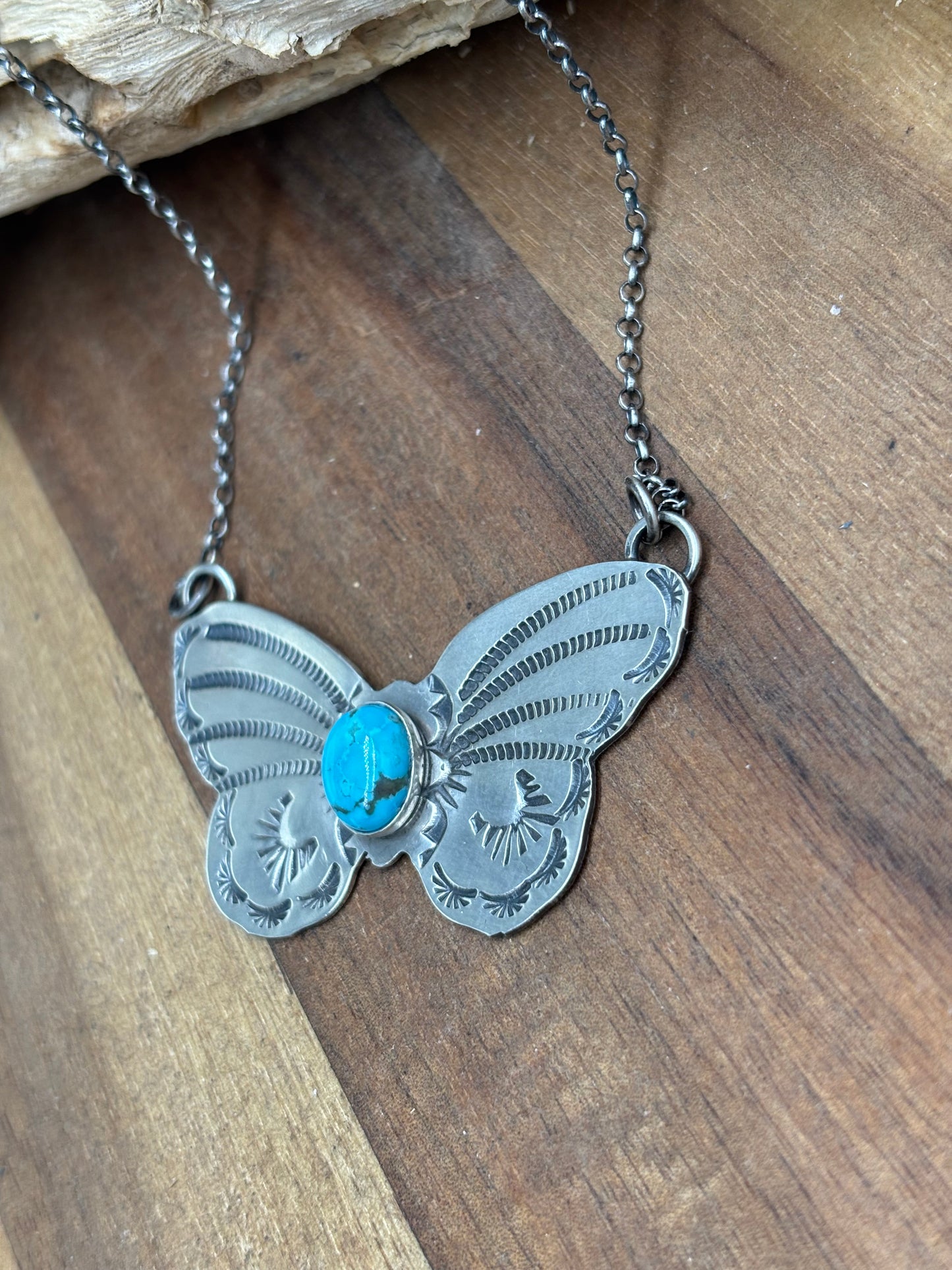 Kingman Turquoise Butterfly Necklace by Rick Enriquez, Navajo