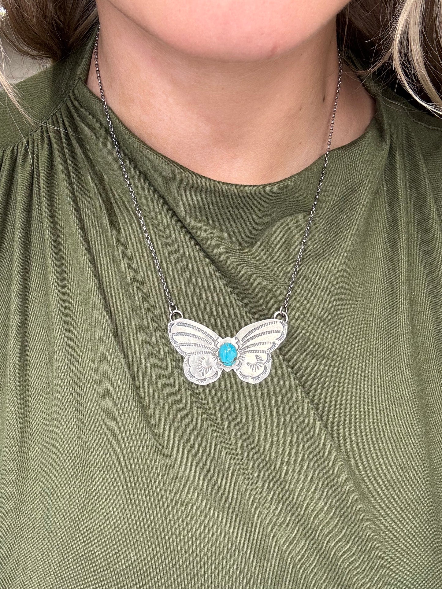 Kingman Turquoise Butterfly Necklace by Rick Enriquez, Navajo