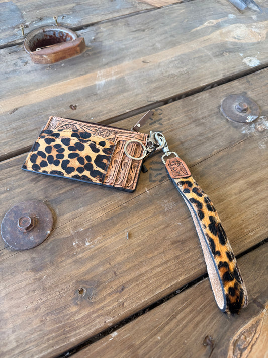Leopard & Chocolate Leather Card Wallet Wristlet