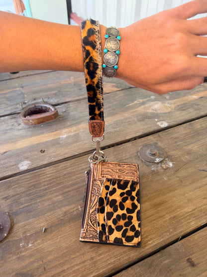 Leopard & Chocolate Leather Card Wallet Wristlet