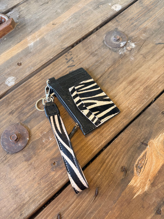 Zebra & Black Leather Card Wallet Wristlet