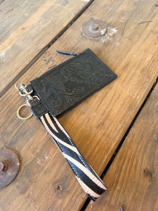 Zebra & Black Leather Card Wallet Wristlet