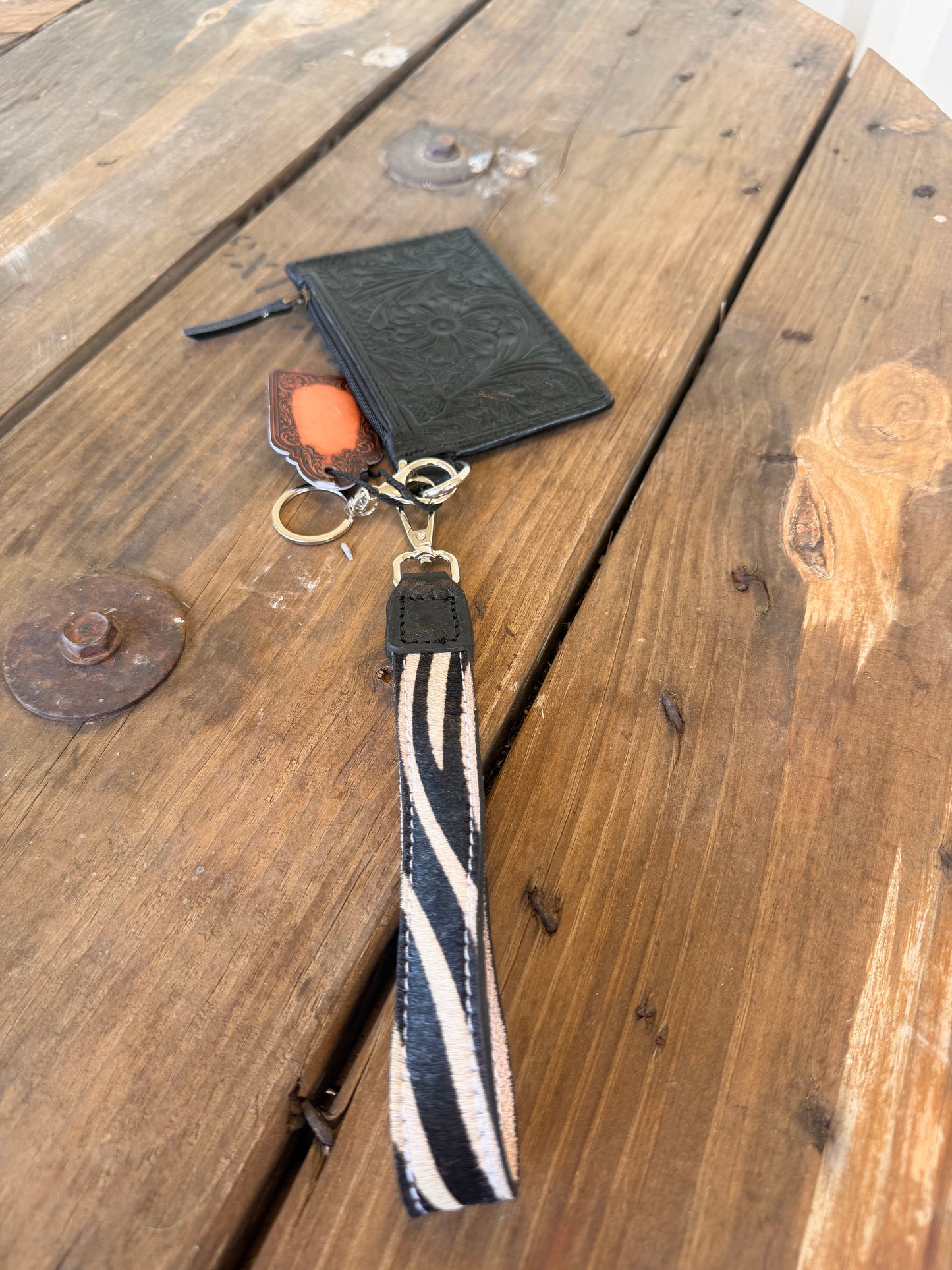Zebra & Black Leather Card Wallet Wristlet