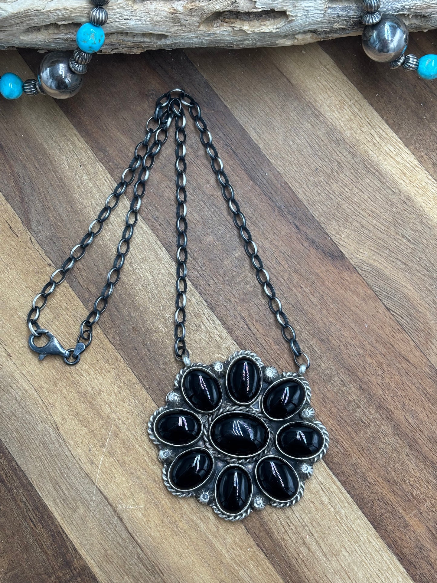 Black Onyx Cluster Necklace #722 by Augustine Largo, Navajo