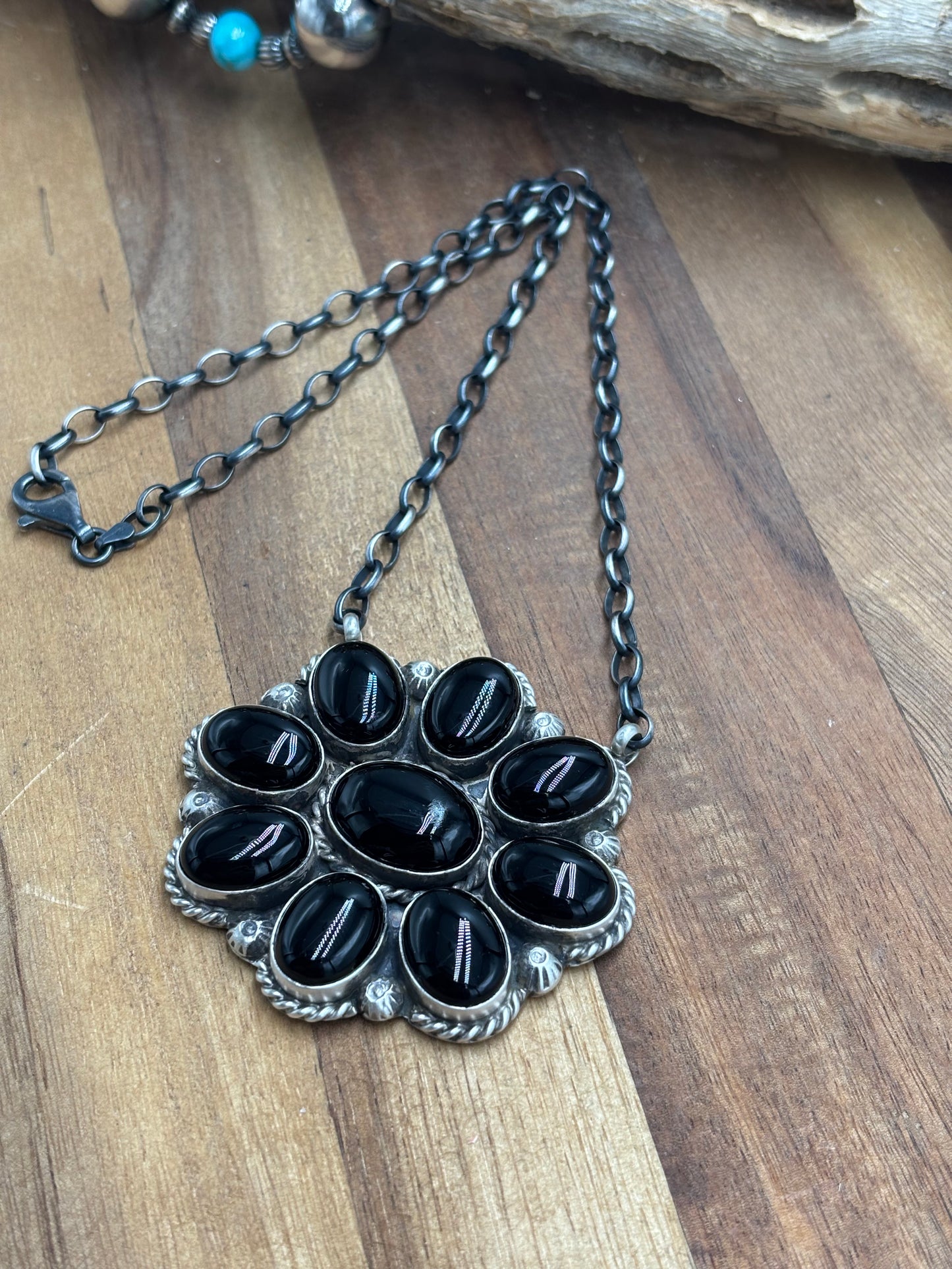Black Onyx Cluster Necklace #722 by Augustine Largo, Navajo