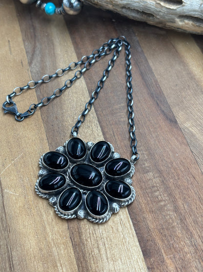 Black Onyx Cluster Necklace #722 by Augustine Largo, Navajo