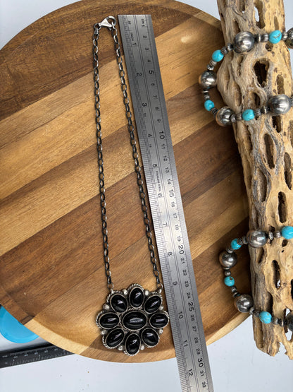 Black Onyx Cluster Necklace #722 by Augustine Largo, Navajo